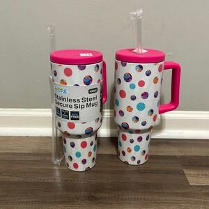 HIDR8 40oz Stainless Steel Secure Sip Mug Tumbler Set Hot Cold Pink Handle Straw